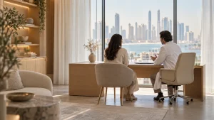 Doctor and patient talking at a desk in a calm consultation room