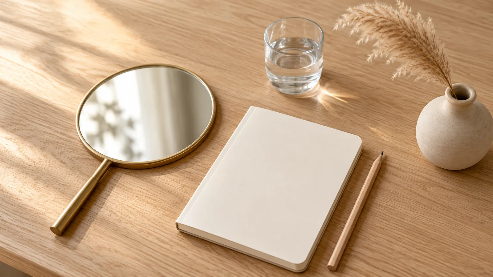 Neutral table surface with a hand mirror, a notepad and a glass of water in soft daylight