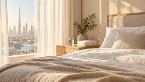 Sunlit bedroom with linen bedding and a glass of water