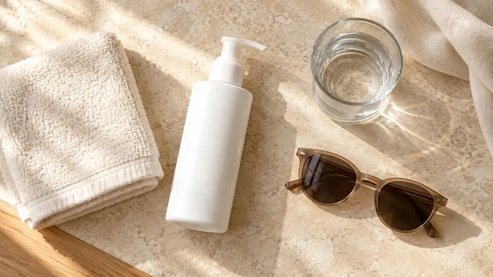 Flat lay with a pump bottle, towel, glass of water and sunglasses