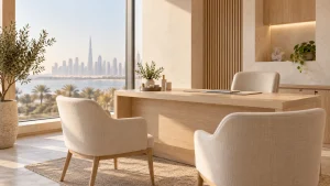 A calm consultation room with soft daylight, light wood furniture and neutral tones