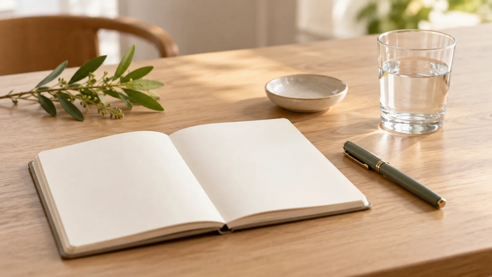 A tidy consultation table with a notepad, a glass of water and a small plant in warm neutral light